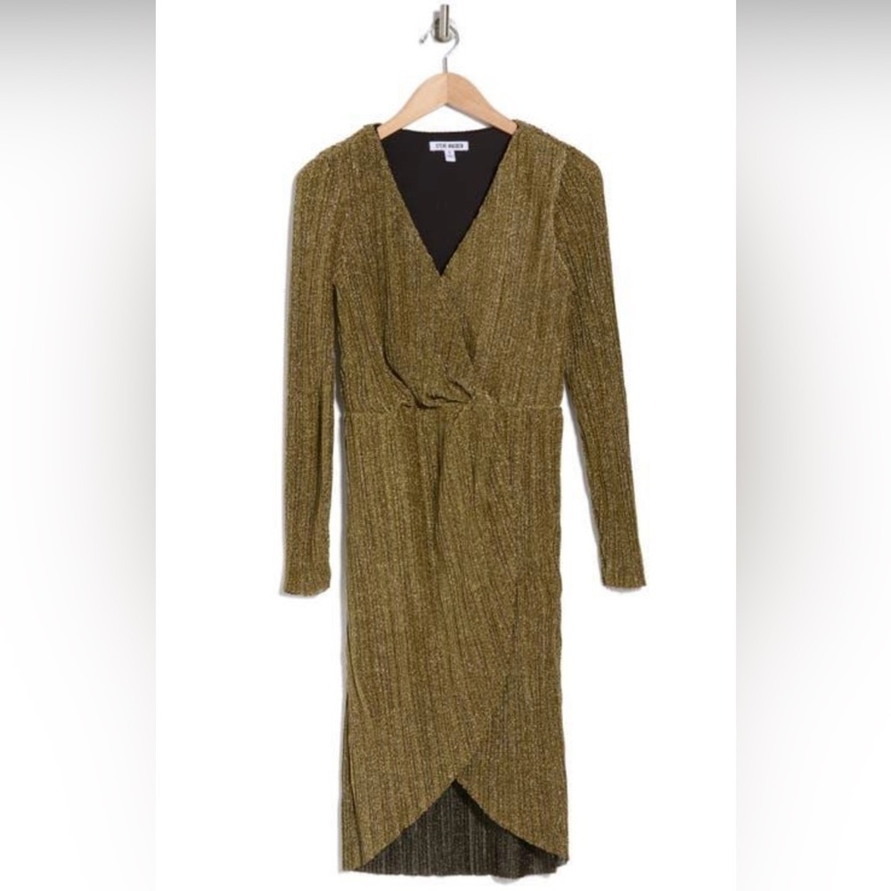 Steve Madden Elegant Crinkle Metallic Long Sleeve Gold Dress Sz XS - Picture 6 of 10